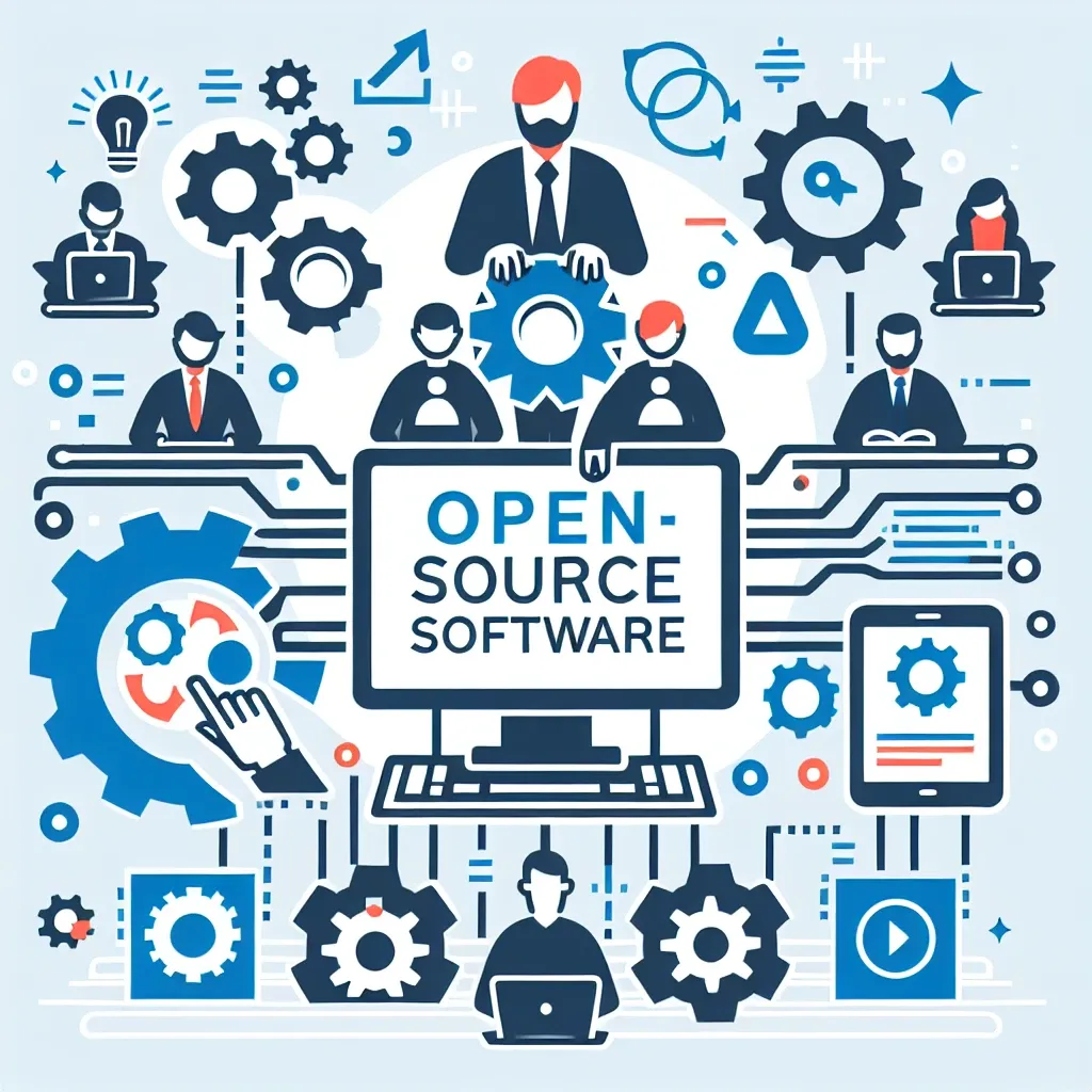 "Ilustrasi manfaat perangkat lunak open-source, menampilkan berbagai ikon software, kolaborasi tim, dan peningkatan efisiensi kerja dalam pengembangan perangkat lunak."