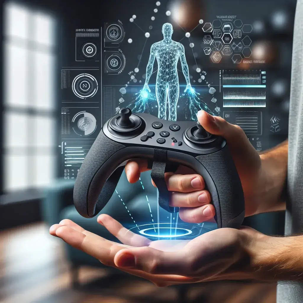 "Kontroler Haptic Baru Sony untuk Fitness VR: Desain futuristik dengan fitur haptic feedback yang meningkatkan pengalaman berolahraga di dunia virtual."