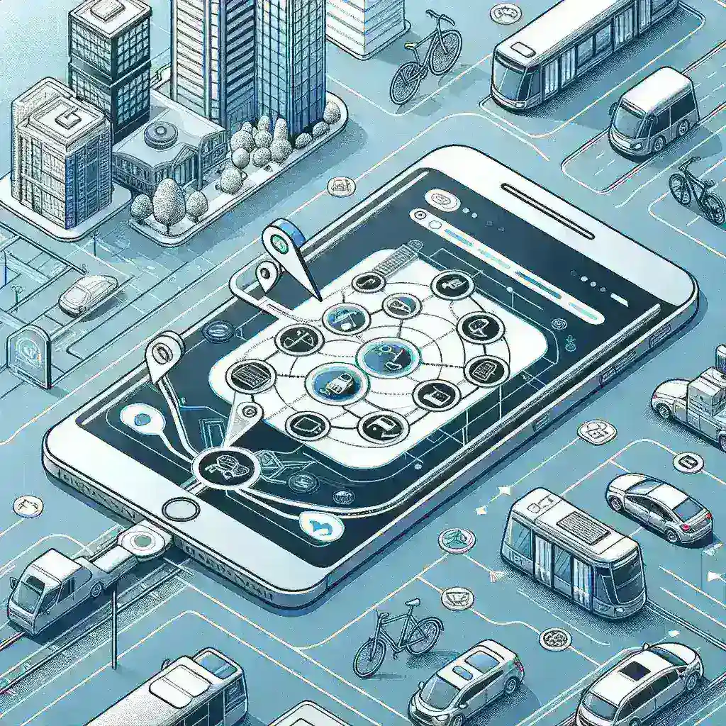 "Diagram illustrating the integrated multi-modal transportation system based on applications, showcasing various transport methods including buses, trains, and shared bicycles for efficient urban mobility."