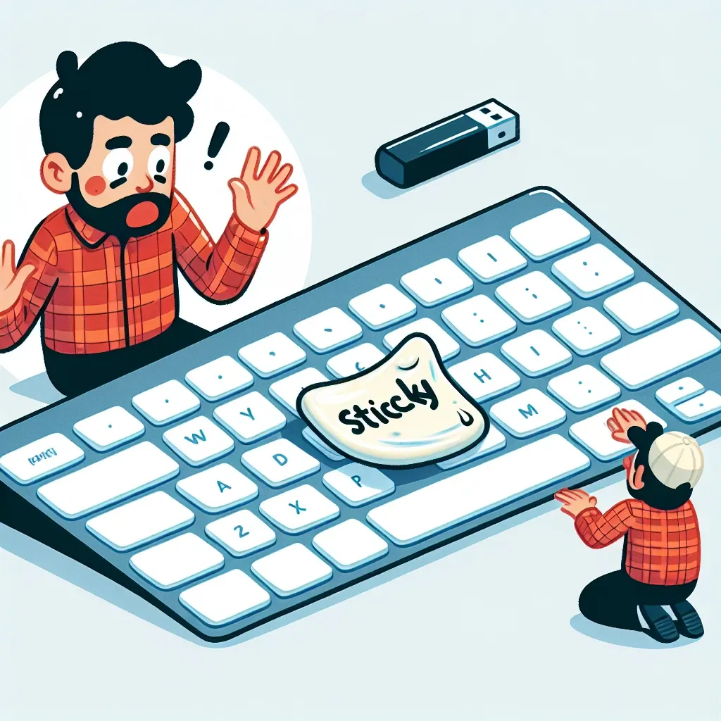 "Ilustrasi tombol keyboard nirkabel Logitech yang lengket dan solusi perawatan, mencerminkan langkah-langkah untuk membersihkan dan memelihara keyboard agar berfungsi dengan baik."