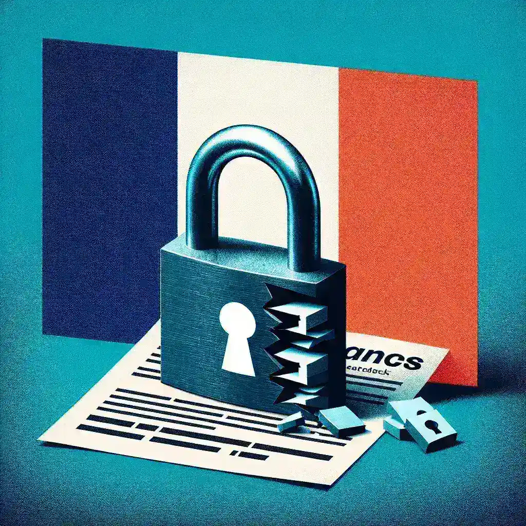 "Ilustrasi pembela enkripsi merayakan penolakan Prancis terhadap kebijakan pintu belakang, menggambarkan pentingnya privasi digital dan keamanan data."