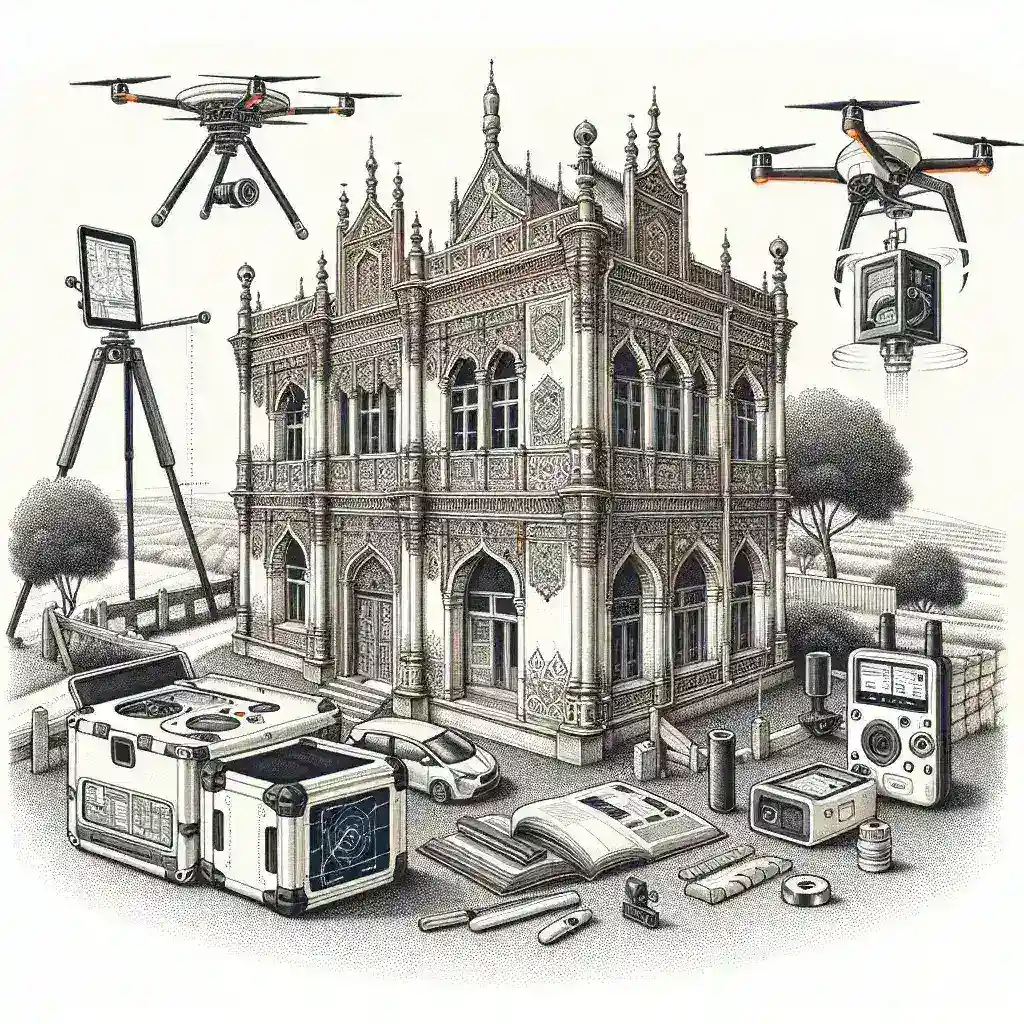 "Ilustrasi implementasi teknologi pemantauan kondisi struktural pada bangunan cagar budaya, menunjukkan perangkat sensor yang dipasang pada dinding bersejarah untuk memonitor kesehatan struktural."