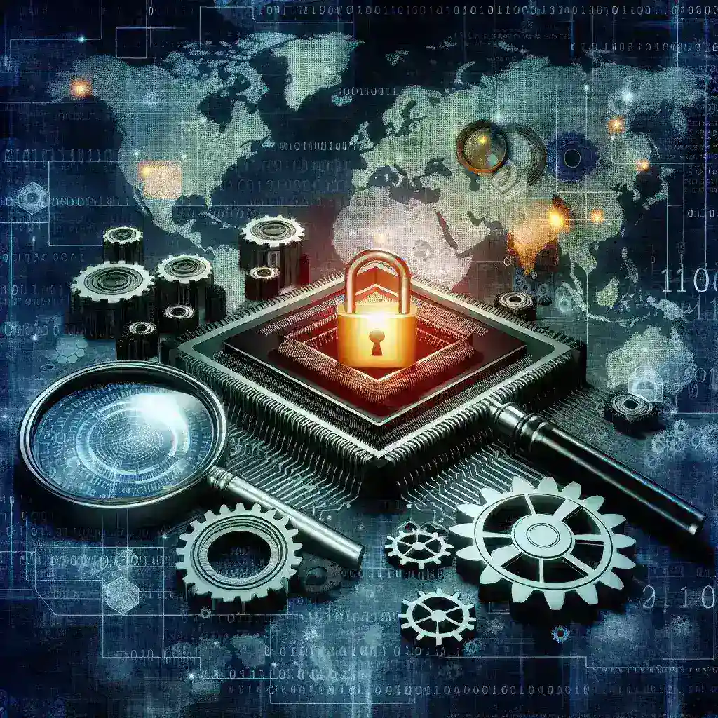 "Ilustrasi yang menggambarkan kekhawatiran keamanan nasional dalam perdagangan teknologi, dengan latar belakang ikon teknologi dan grafik yang menunjukkan hubungan internasional."