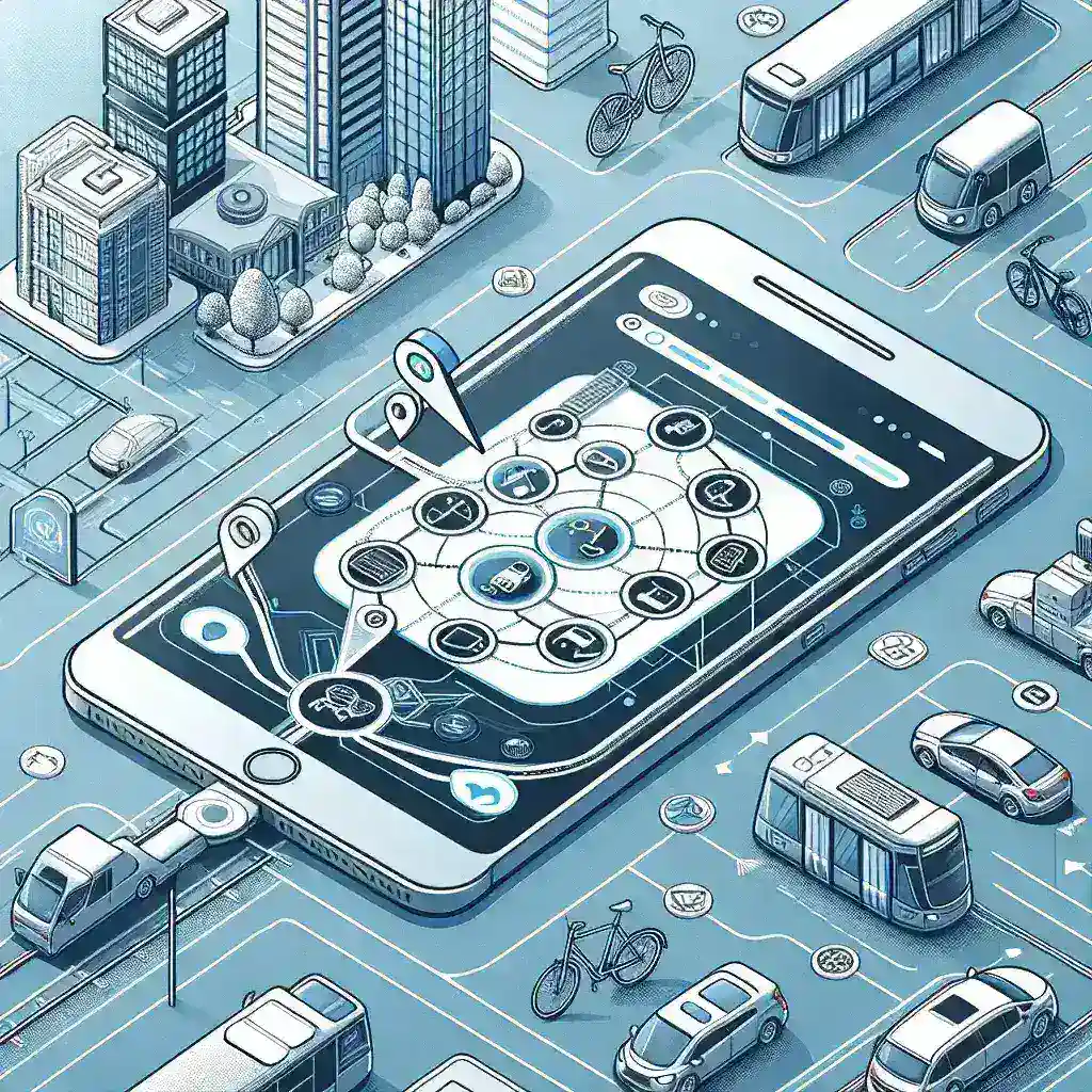 "Diagram illustrating the integrated multi-modal transportation system based on applications, showcasing various transport methods including buses, trains, and shared bicycles for efficient urban mobility."